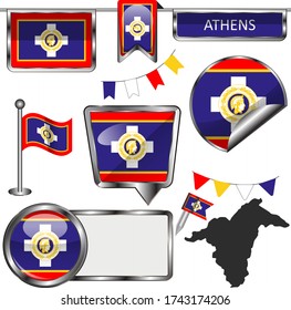 Vector Hochglanzsymbole der Flagge von Athen, Griechenland auf Weiß