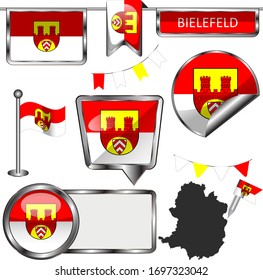 Vector glossy icons of flag of Bielefeld, Germany on white