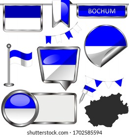 Iconos brillantes vectoriales de la bandera de Bochum, Alemania en blanco