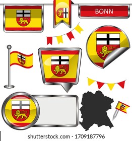Iconos brillantes vectoriales de la bandera de la ciudad de Bonn, Alemania en blanco