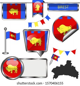 Vector glossy icons of flag of Brest, Belarus on white