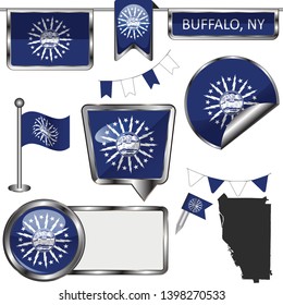 Vector glossy icons of flag of Buffalo, New York of the United States on white