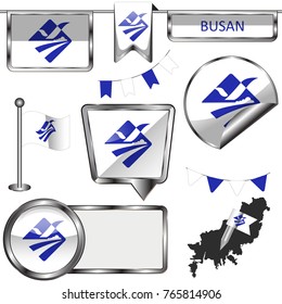 Vector glossy icons of flag of Busan on white