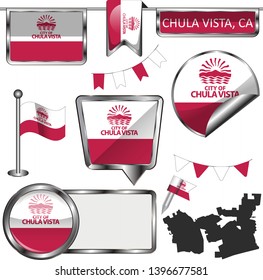 Vector glossy icons of flag of Chula Vista, California of the United States on white