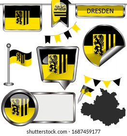 Vektorillustration-Hochglanzsymbole der Flagge Dresdens, Deutschland auf Weiß