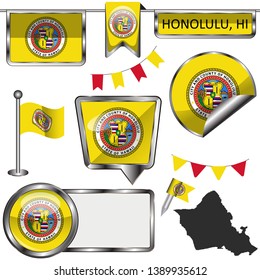 Vector glossy icons of flag of Honolulu, Hawaii of the United States on white