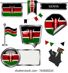 Vector glossy icons of flag of Kenya on white