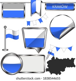 Vector glossy icons of flag of Krakow, Poland on white