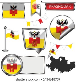 Vector glossy icons of flag of Krasnodar, Russia on white