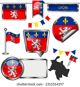Vector glossy icons of flag of Lyon, Auvergne Rhone Alpes region in France
