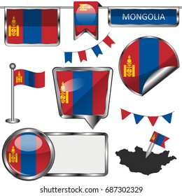 Vector glossy icons of flag of Mongolia on white