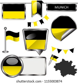 Vector glossy icons of flag of Munich, Germany on white