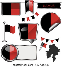 Vector glossy icons of flag of Namur, Belgium on white