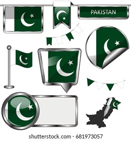 Vector glossy icons of flag of Pakistan on white