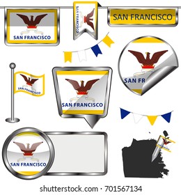Vector glossy icons of flag of San Francisco on white