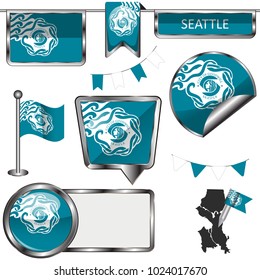 Vector glossy icons of flag of Seattle on white