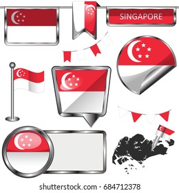 Vector glossy icons of flag of Singapore on white