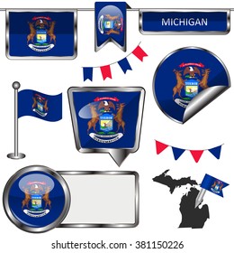 Vector glossy icons of flag of state Michigan on white
