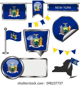 Vector glossy icons of flag of state New York on white