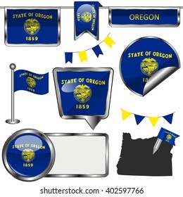 Vector glossy icons of flag of state Oregon on white