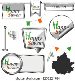 Vector glossy icons of flag of Suwon, South Korea on white