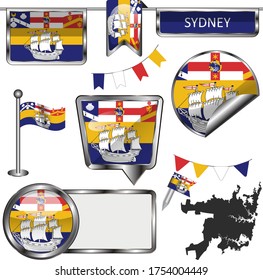 Vector glossy icons with flag of Sydney, Australia