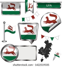 Vector glossy icons of flag of Ufa, Russia on white