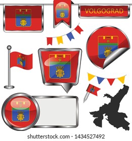 Vector glossy icons of flag of Volgograd, Russia on white
