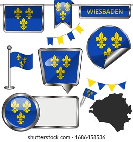 Vector glossy icons of flag of Wiesbaden city, Germany on white