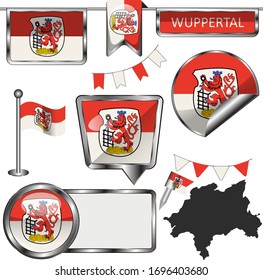 Vector glossy icons of flag of Wuppertal, Germany on white