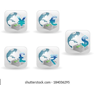 Vector glossy icons with globe and currency signs