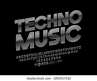Vector glossy label Techno Music. Silver rotate Font. Chic trendy Alphabet Letters, Numbers and Symbols