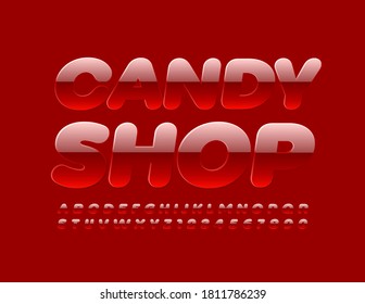 Vector glossy logo Candy Shop. Sweet Red Font. Bright tasty set of Alphabet Letters and Numbers