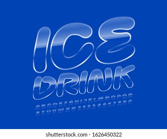 Ice Drink, logotipo brillante vector. Letra mayúscula manuscrita. Letras y números de alfabeto de vidrio
