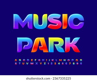 Vector glossy logo Music Park. Trendy Colorful Font. Bright Artistic Alphabet Letters and Numbers