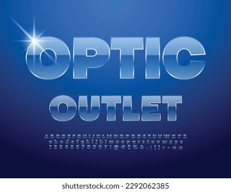 Logotipo de imagen con brillo vectorial Optical Outlet. Fuente moderna. Juego de letras y números de alfabeto de vidrio.	