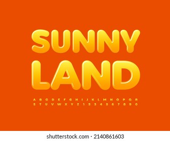 Vector glossy logo Sunny Land. Cute Yellow Font. Set of Alphabet Letters and Numbers