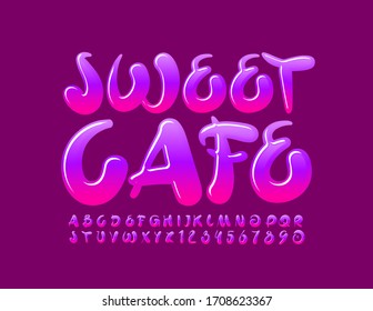 Vector glossy logo Sweet Cafe. Playful colorful Font. Handwritten Alphabet Letters and Numbers.