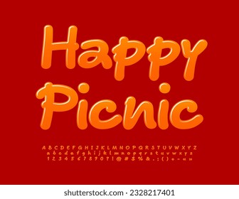 Vector glossy logotype Happy Picnic. Funny bright Font. Playful Alphabet Letters, Numbers and Symbols set