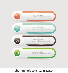 Vector glossy One Two Three Four steps, progress options banners with colorful tags. Vector illustration.