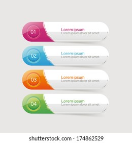 Vector glossy One Two Three Four steps, progress options banners with colorful tags. Vector illustration.