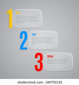 Vector glossy One Two Three  steps, progress options banners with colorful tags. Editable Vector illustration.