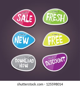 Vector glossy paper labels with staples - sale, new, fresh, free, download now, discount