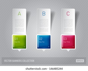 Vector glossy paper progress banners with square plastic elements