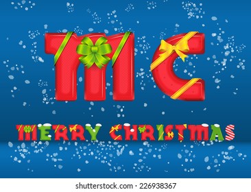 Vector glossy red and green Merry Christmas caption with bowls, ribbons and snow on blue snow background