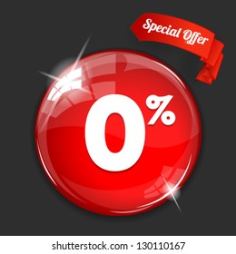 Vector glossy red round 0% button on dark background. Image contains transparency in lights and shadows and can be placed on every surface. 10 EPS