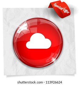 Vector glossy red round button with cloud icon on crumpled paper. Image contains transparency in lights and shadows and can be placed on every surface. 10 EPS