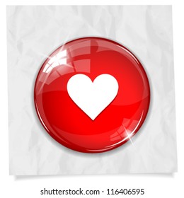 Vector glossy red round heart button on crumpled paper. Image contains transparency in lights and shadows and can be placed on every surface. 10 EPS