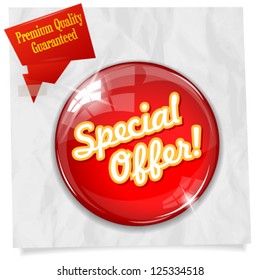 Vector glossy red round Special Offer button on crumpled paper. Image contains transparency in lights and shadows and can be placed on every surface. 10 EPS