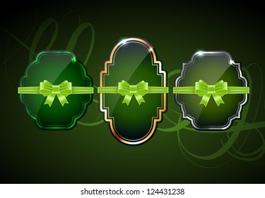 Vector glossy retro frames with metallic shiny borders, with silky ribbon bow knots - dark green